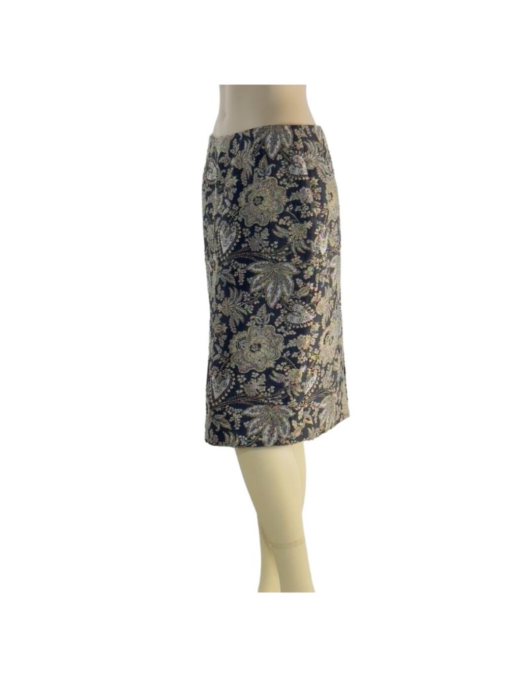 CARMEN MARC VALVO SIGNATURE Womens Skirt Black Gold Sequined Brocade Pencil Sz 8 - Picture 4 of 12